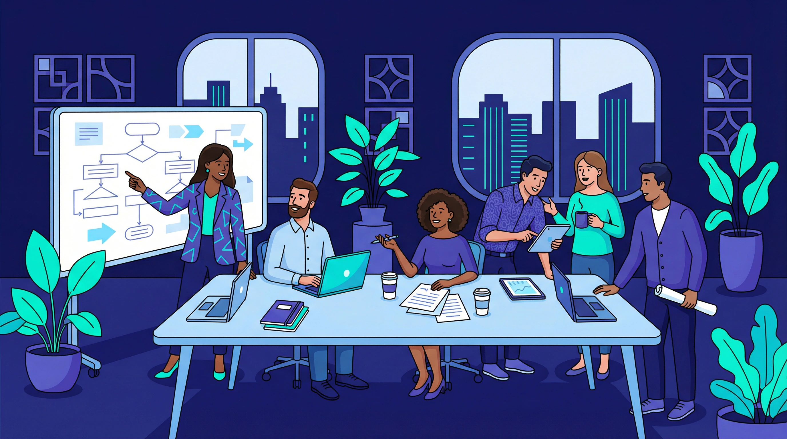 Team collaborating in a modern co-working space